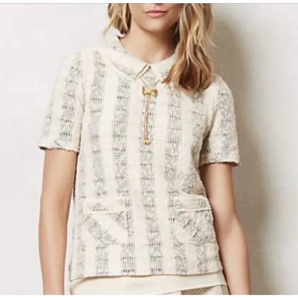 Anthropologie 9-H15 STCL Collared Knit Tweed Boucle Short Sleeve Top Medium - Picture 1 of 8